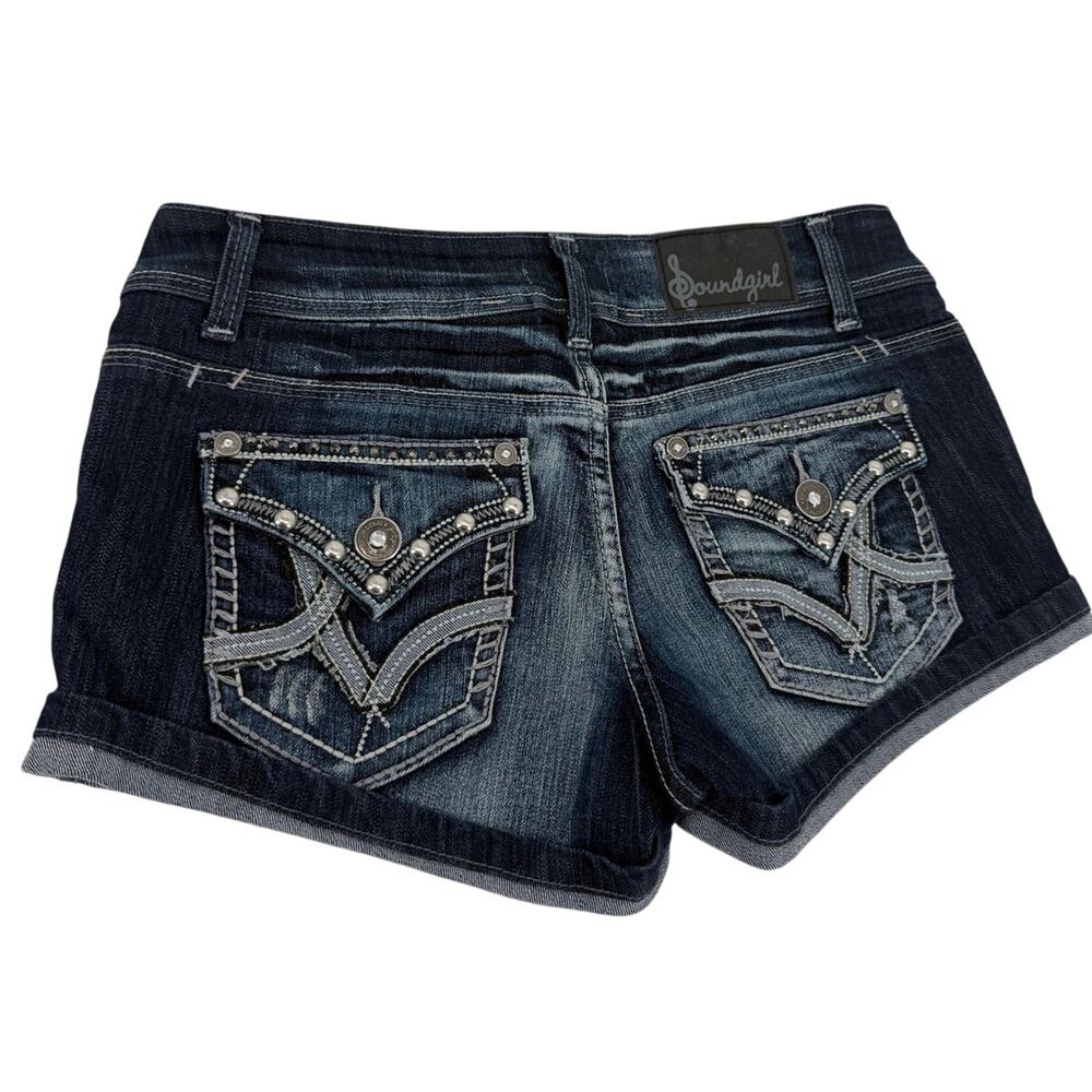 Soundgirl Denim Mini Shorts 7 Embroidered Cuffed Bling Pockets Y2K Festival